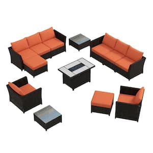 Rimaru 12-Piece Wicker Outdoor Patio Fire Pit Conversation Seating Set with Orange Red Cushions