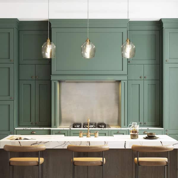 Transitional Kitchen Island Pendant Light 1-Light Plating Brass Bell Pendant Light with Textured Glass Shade