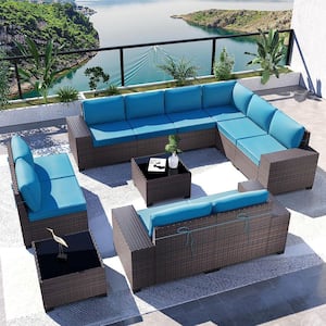 12-Piece Wicker Outdoor Sectional Set with Blue Cushion