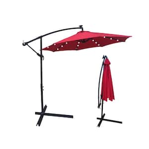 10 ft. Metal Outdoor Patio Cantilever Umbrella Solar Powered LED Patio Umbrella Shade with Crank in Red
