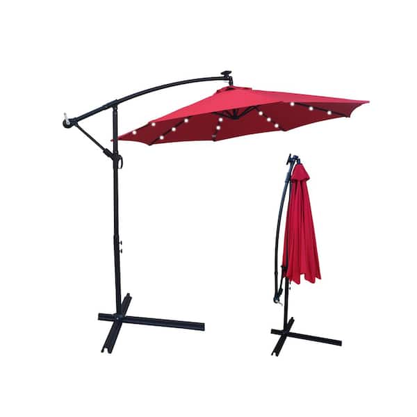Cesicia 10 ft. Metal Outdoor Patio Cantilever Umbrella Solar Powered LED Patio Umbrella Shade with Crank in Red