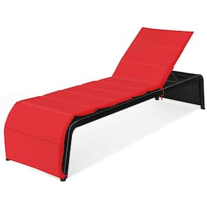 Patio Rattan Ergonomic Lounge Chair Back Adjustable Chaise Recliner with Cushioned in Red