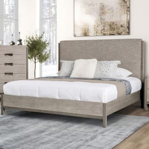 Burnett Gray Wood Frame King Panel Bed with Upholstered Headboard