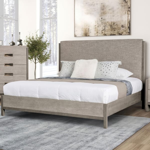 Furniture of America Burnett Gray Wood Frame King Panel Bed with Upholstered Headboard