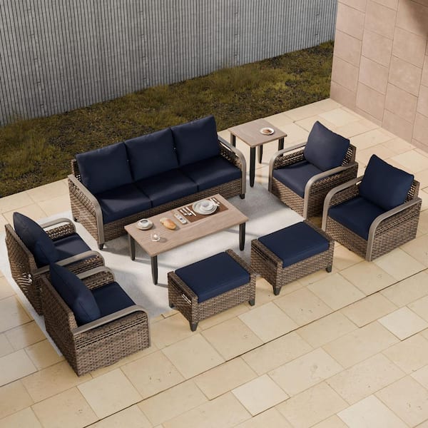 9-Piece Wicker Outdoor Patio Conversation Set Swivel Rocking Chairs with Blue Cushions, Side Table and Coffe Table