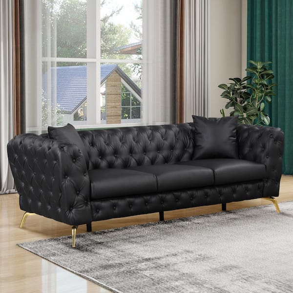 Harper & Bright Designs 88.5 in. Wide Square Arm Faux Leather Rectangle Sofa in Black with 2 Pillows, Button-Tufted Backrest, Goldedn Metal Legs