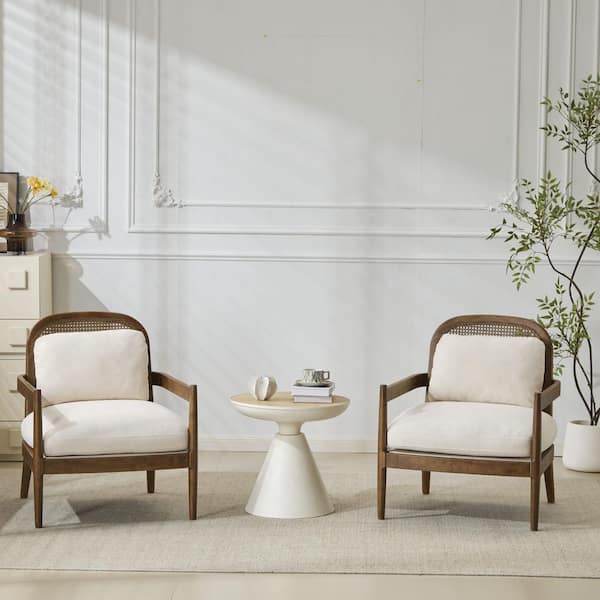 Susan Indoor Light Brown Solid Wood Accent Chair with Rattan Backrest, Beige Fabric Upholstered Arm Chair, (Set of 2)
