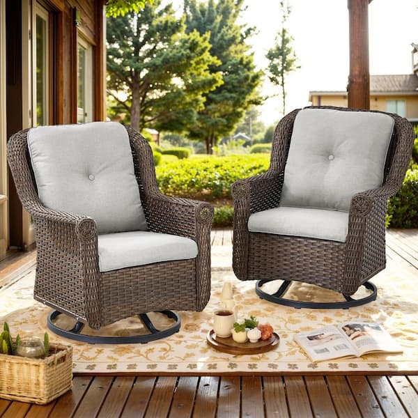 moosprr Brown Swivel Glider Wicker Outdoor Rocking Chair with Beige Cushions and Chrysanthemum Armrest (2-Pack)