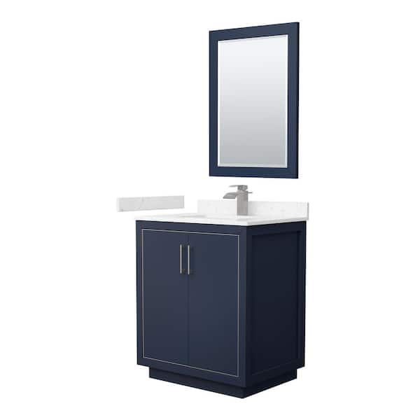 Wyndham Collection Icon 30 in. W x 22 in. D x 35 in. H Single Bath Vanity in Dark Blue with Carrara Cultured Marble Top and 24" Mirror