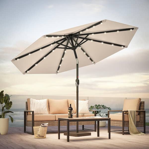 JOYESERY 10 ft. LED Deck Outdoor Market Patio Umbrella, Outside Table Umbrellas with Non-Fading Polyester Canopy in Beige J-460SD JOYESERY 10 ft. LED Deck Outdoor Market Patio Umbrella, Outside Table Umbrellas with Non-Fading Polyester Canopy in Beige J-460SD