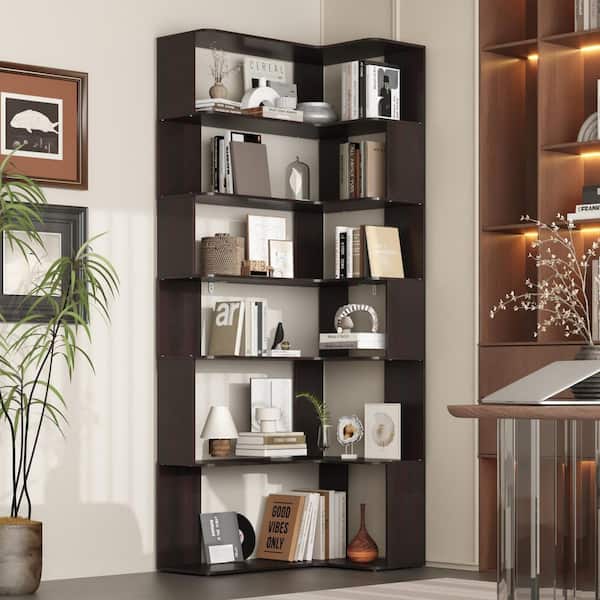 81.9 in. Tall Walnut Wood Grain 7-Shelves Accent Bookcase, Open Back Bookshelf, Corner Bookcase (82 in. H x 23.6 in. D)