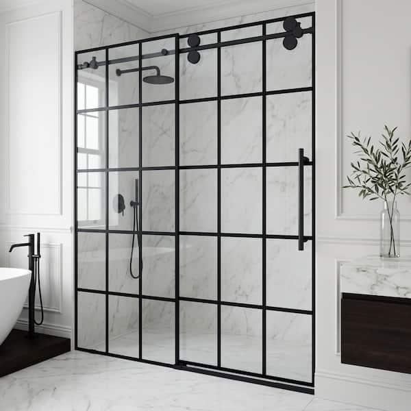 Elan 56 to 60 in. W x 74 in. H Sliding Frameless Shower Door in Matte Black with 3/8 in. (10mm) Clear Grid Glass