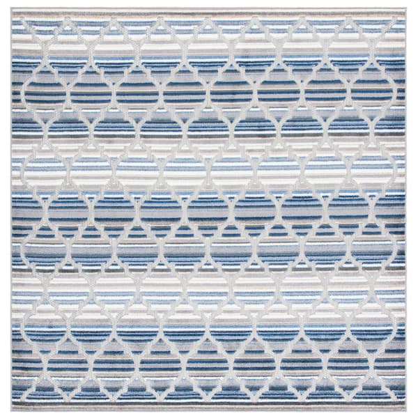 Cabana Blue/Gray 5 ft. x 5 ft. Striped Trellis Indoor/Outdoor Square Area Rug