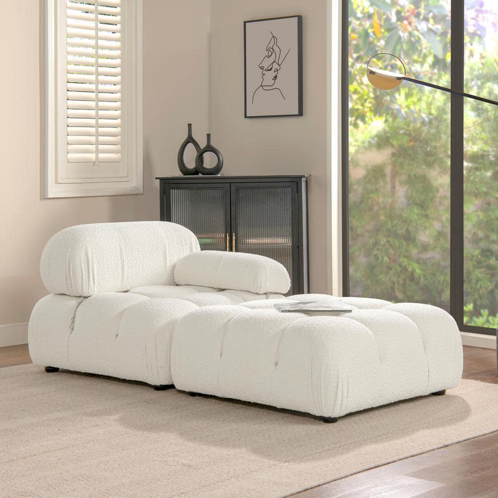 Ivory White Bouclé Modular Lounge Chair with Padded Arm
