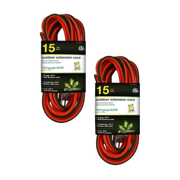 GoGreen Power (G-13715-2) 15 ft. 16/3 Indoor Heavy Duty Extension Cord, Orange, 2 PACK