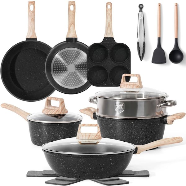 17 Piece Aluminum Nonstick Nontoxic Cookware Set with Frying Pans Set Saucepans Steamer (PFAS, PFOA, PFOS Free) in Black