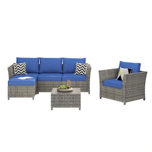 Bella Gray 6-Piece Wicker Outdoor Sectional Set with Navy Blue Cushions