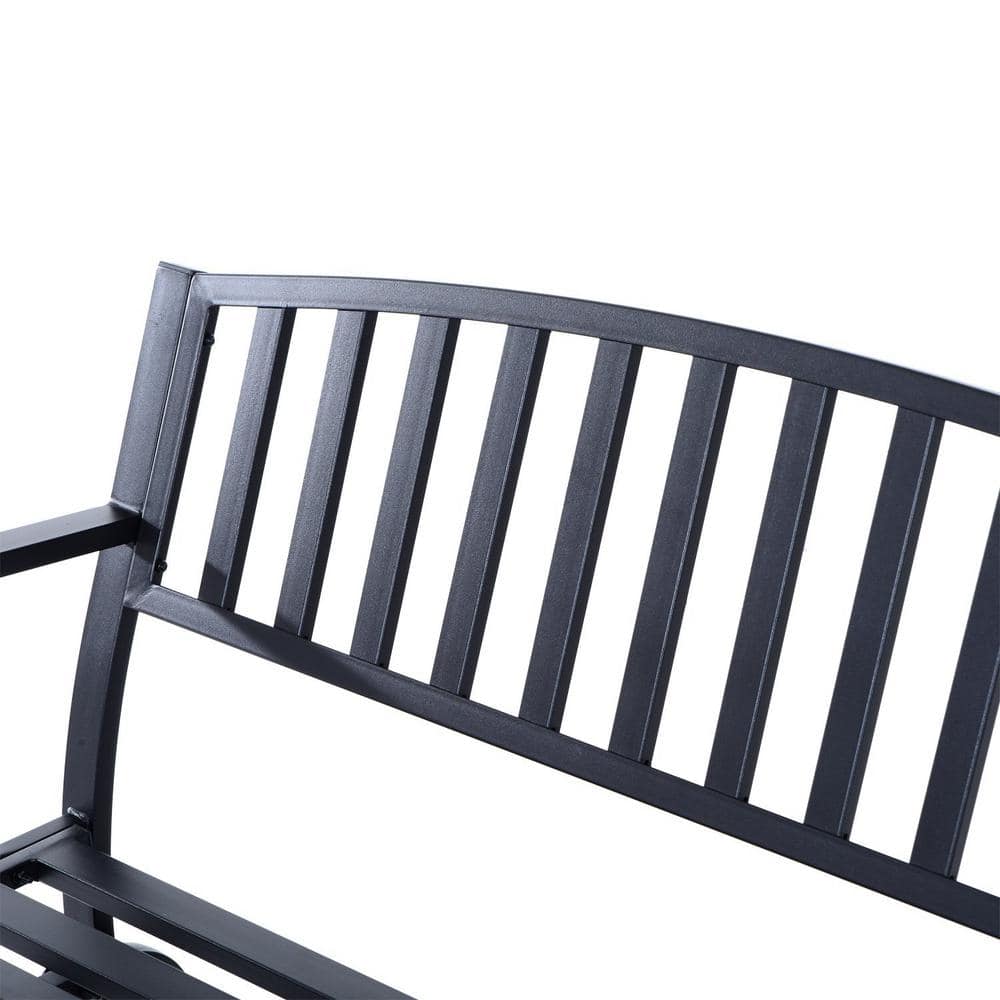 Outdoor Loveseat Glider Bench with Curved Armrests in Powder-Coated Black Steel