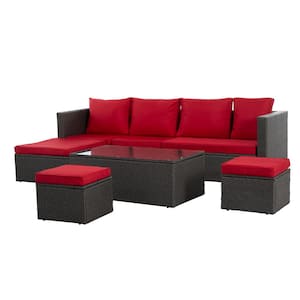 7-Piece Wicker Outdoor Patio Conversation Set with Red Cushions and Tempered Glass Table