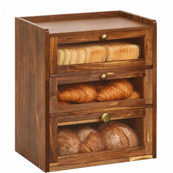 1 Piece 3 Tier Wooden Bread Box w/ Acrylic Window, Magnetic Door, Rear Ventilation, Brown Kitchen Countertop Organizer