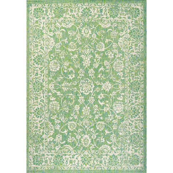 Tela Bohemian Textured Weave Floral Cream/Green 9 ft. x 12 ft. Indoor/Outdoor Area Rug