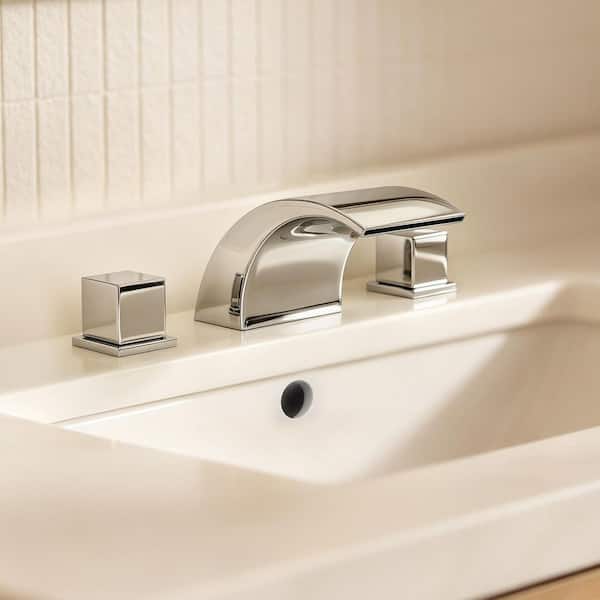 Modern 3 Hole Waterfall 8 in. Widespread Double Handle Bathroom Faucet in Polished Chrome Pop-Up Drain Included