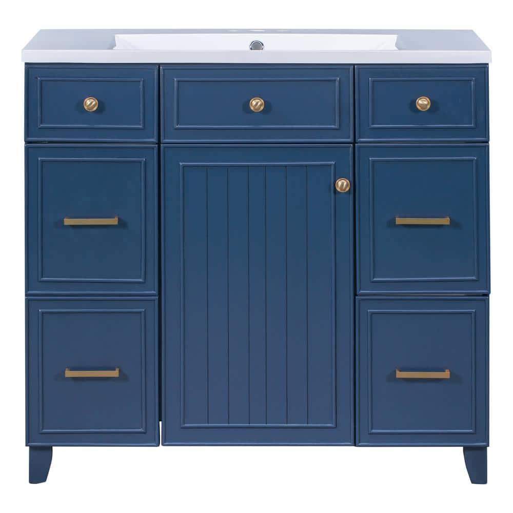 Virubi 36 in. W x 18 in. D x 34 in. H Freestanding Bath Vanity in Navy Blue with White Resin Top ...