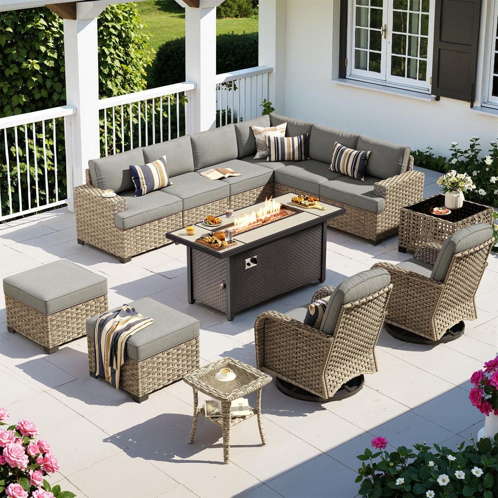 Lumisole 13 Pieces Wicker Rectangular Fire Pit Sets and Swivel Rocking Chairs with Dark Grey Cushion price history on PriceWatchPro