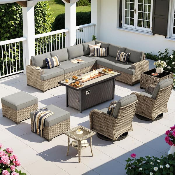 Lumisole 13 Pieces Wicker Rectangular Fire Pit Sets and Swivel Rocking Chairs with Dark Grey Cushion