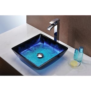 Viace Series Square Deco-Glass 15 in W Vessel Sink in Blazing Blue