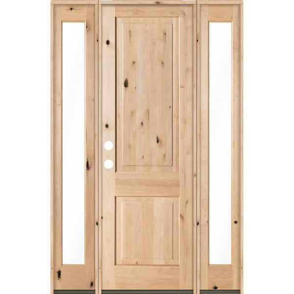 Krosswood Doors 58 in. x 96 in. Rustic Unfinished Knotty Alder Square-Top Wood Right-Hand Full Sidelites Clear Glass Prehung Front Door