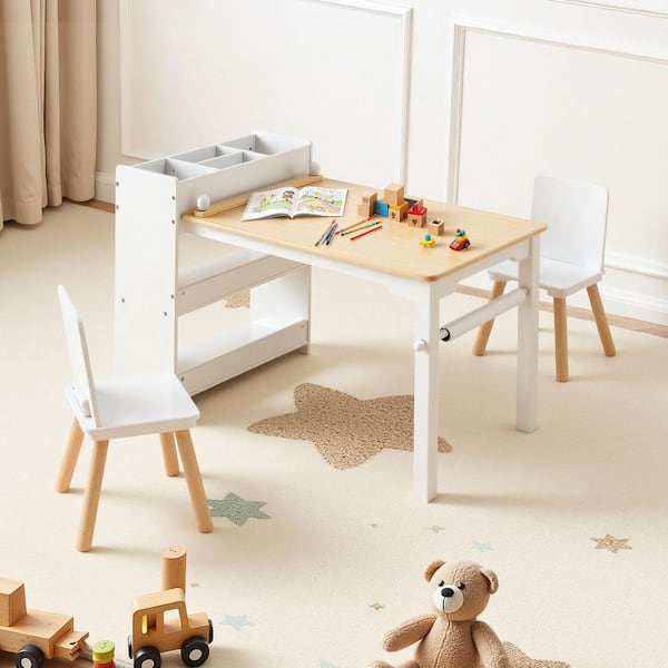 Braelor 3-Piece Wood Top Kids Activity Table and Chair Set with 3-Tier Storage Cabinet, White+Natural