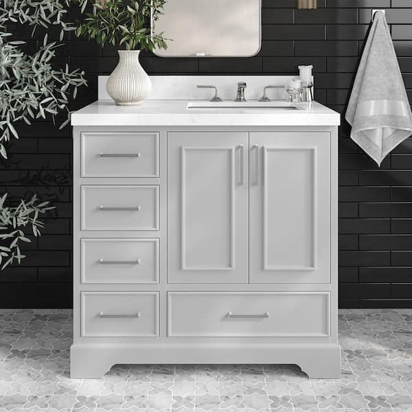 ARIEL Stafford 36 in. W x 22 in. D x 36 in. H Single Sink Freestanding Bath Vanity in Grey with Carrara White Quartz Top