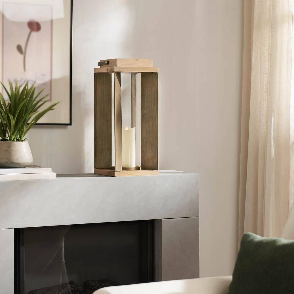 Large 19 in. H Brown Wood and Metal Candle Lantern