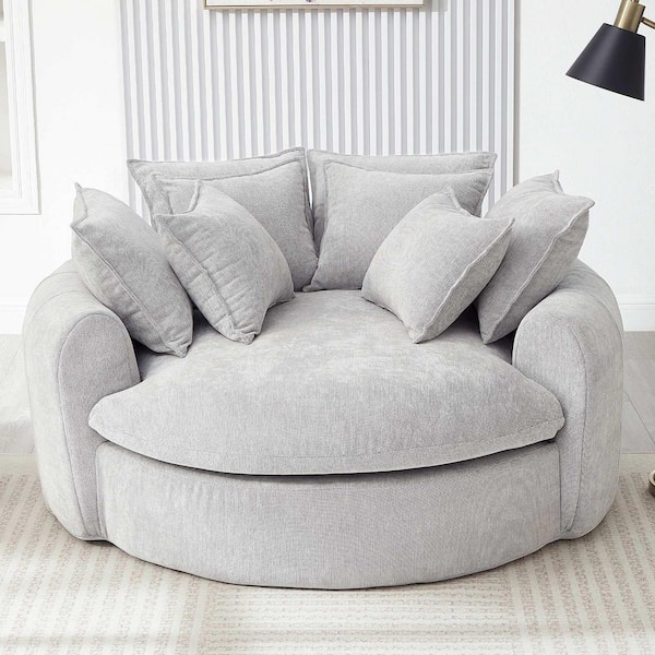 59.8 in. Rolled Arms Chenille Fabric Round Chaise Lounge Sofa in Light Grey with 8 Throw Pillows