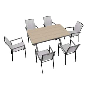 7-Pieces Outdoor Patio Dining Set, 6 Stackable Aluminum Dining Chair and 59 in. L Brown Rectangular Wood Dining Table