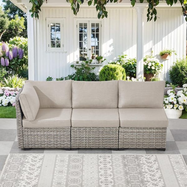 ModuVine Taupe 3-Piece Wicker Outdoor Sectional Furniture Set, Patio Conversation Sectional Sofa with Beige Cushions