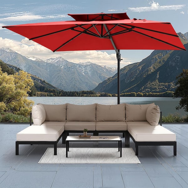 Pellebant 11 ft. x 9 ft. Rectangular 2-Tier Top 360 Rotation Aluminium Cantilever Tilt Outdoor Patio Umbrella in Red, No Base