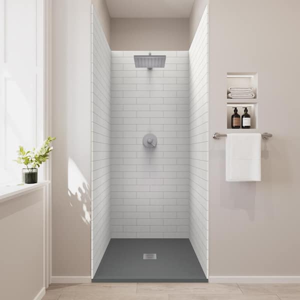 CASTICO 36 in. x 36 in. x 84 in. Solid Composite Stone Shower Kit - Subway Shower Walls and Cntr GR Sand Shower Pan Base
