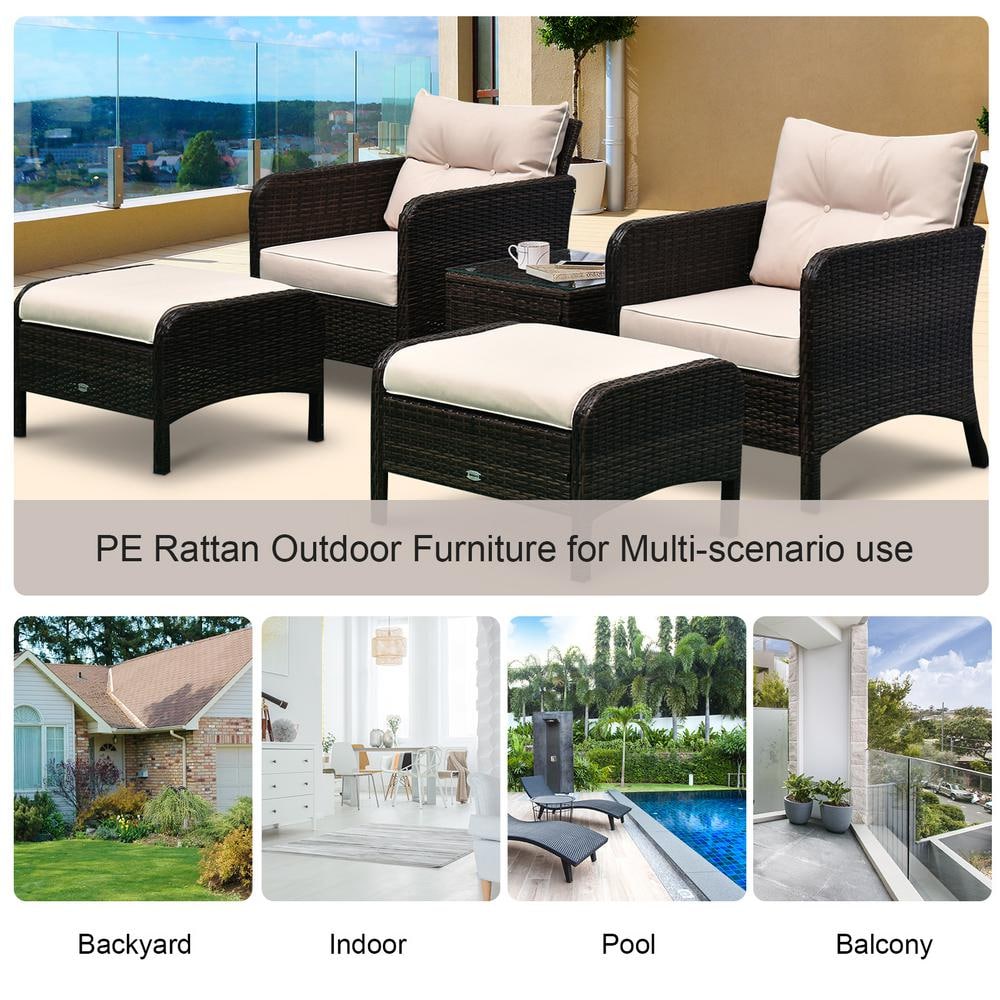 Elegant 5-Piece Rattan Wicker Patio Set with Cushioned Chairs & Glass Table, Brown
