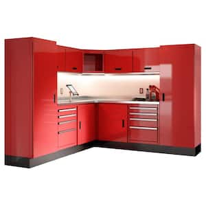 75 in. H x 168 in. W x 22 in. D Aluminum Worktop Cabinet Set with Stainless Steel Worktop in Red (12-Piece)