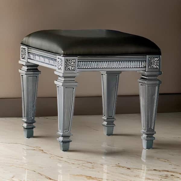 1-Piece Gray Vanity Stool with Leatherette Seat and Faux Crystal Accents