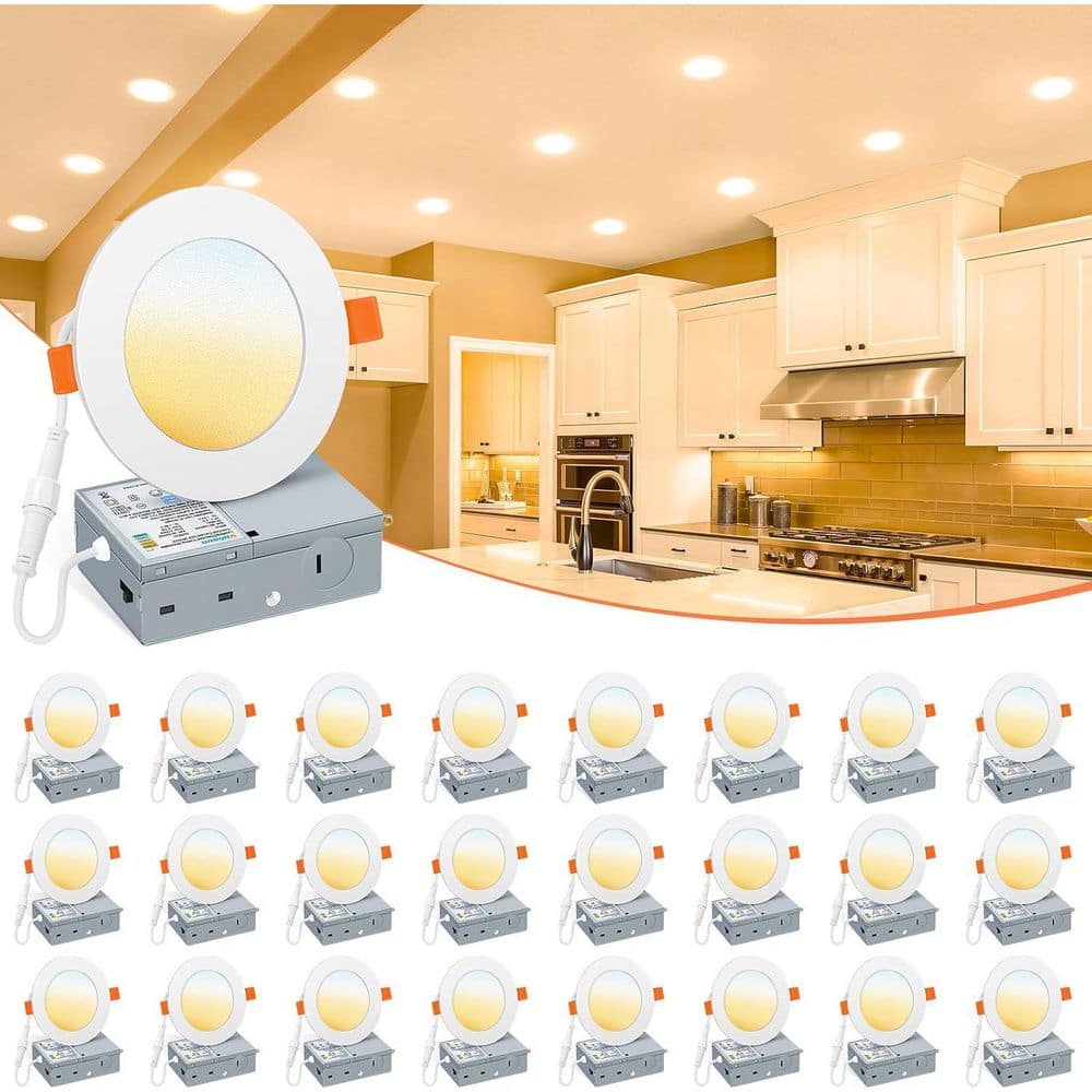 24pack 4 in. 5CCT Dimmable Ultra-Thin Integrated LED Recessed with Junction Box, 2700K to 5000K Selecttable 700Lumens price history on PriceWatchPro