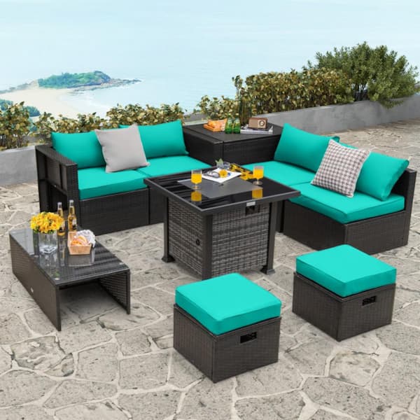 Kadehome Brown 9-Piece Wicker Patio Conversation Set with Green Cushions