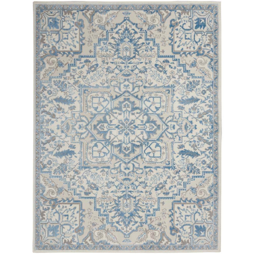 Ivory Blue Floral Synthetic 5' x 7' Rectangular Rug