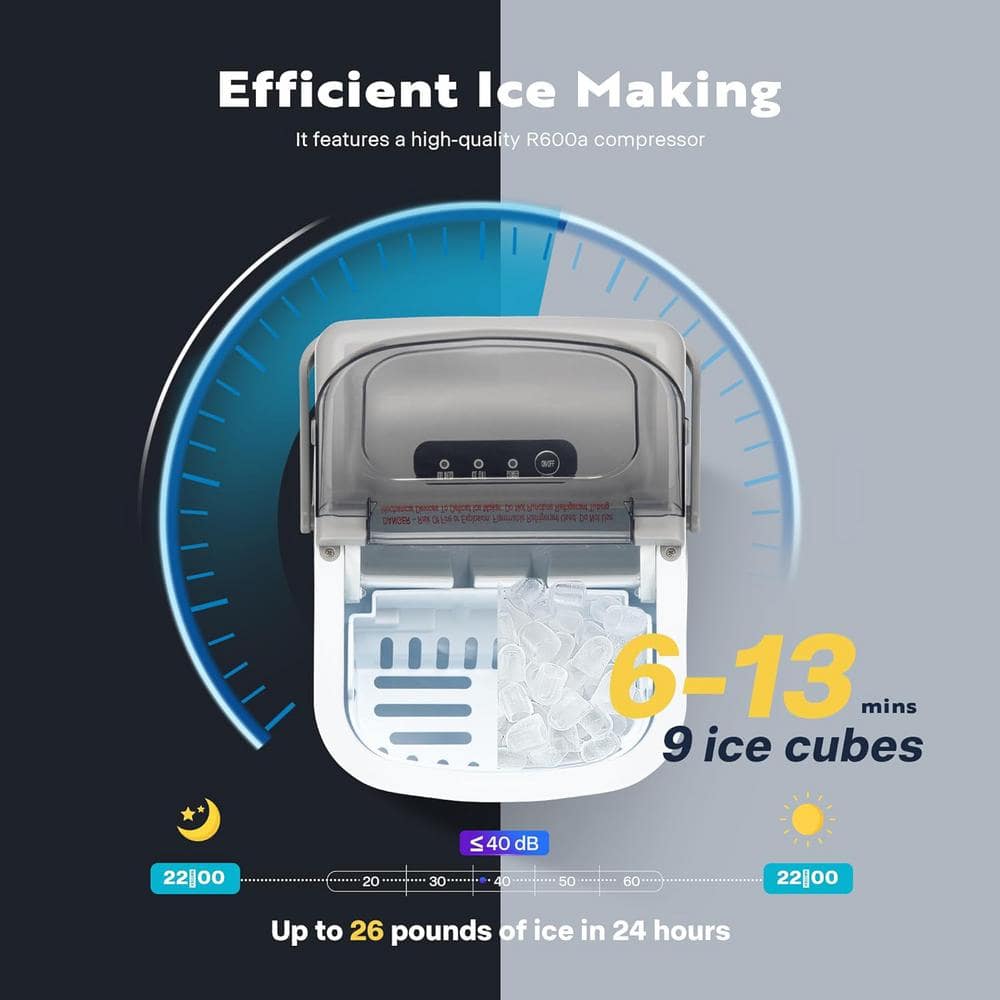 Compact Gray Portable Ice Maker with Handle and Self-Cleaning Function