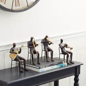 Brown Polystone Musician Sculpture with Gold Instruments (Set of 4)
