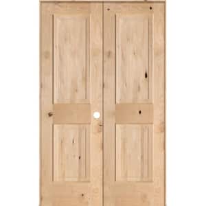 48 in. x 80 in. Rustic Knotty Alder 2-Panel Square Top Left Handed Solid Core Wood Double Prehung Interior French Door