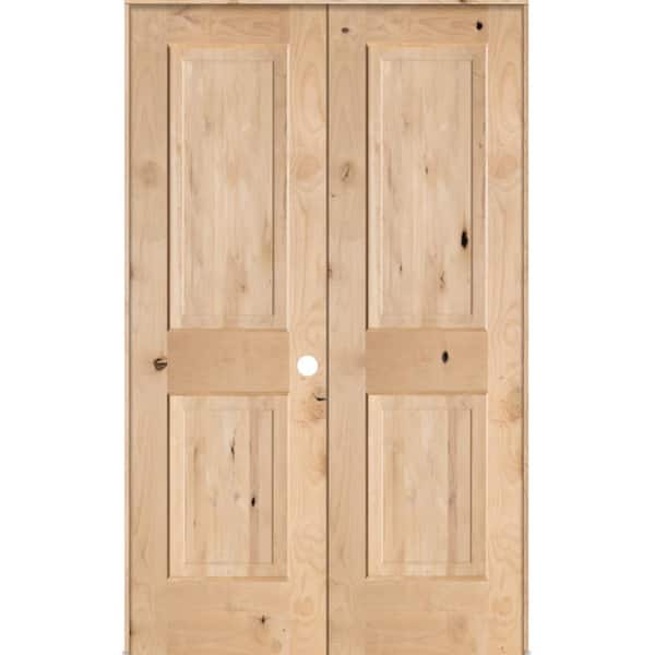 Krosswood Doors 48 in. x 80 in. Rustic Knotty Alder 2-Panel Square Top Left Handed Solid Core Wood Double Prehung Interior French Door
