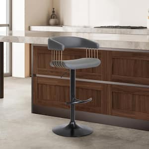 Calista Adjustable 33 in. Grey, Black and Golden Bronze Metal, Wood Bar Stool with Grey Faux Leather Seat